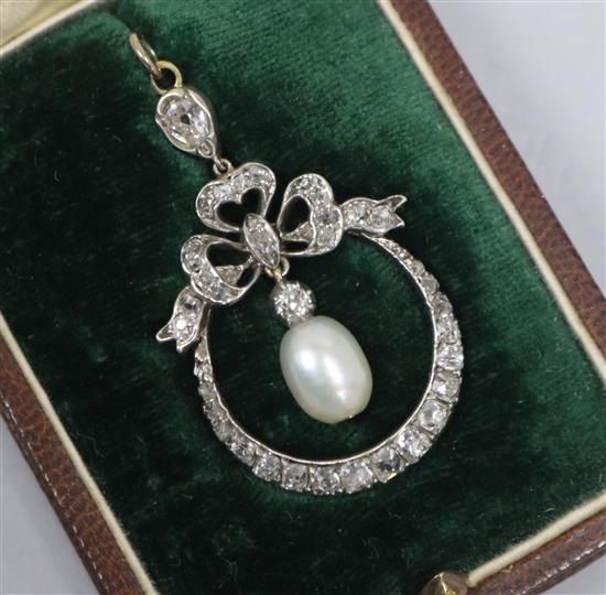 A Victorian gold and silver, cultured? pearl and diamond set drop openwork pendant, in fitted box, 40mm.